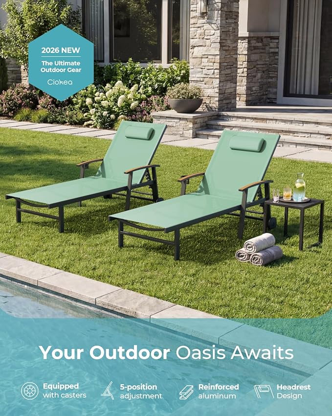 Ciokea Outdoor Lounge Chair with Pillow Set of 4, 5-Position Chaise Lounge with Wheels & Armrests, 400 lbs Heavy Duty Aluminum Pool Lounge Chairs, for Beach, Deck, Poolside & Backyard, Light Green