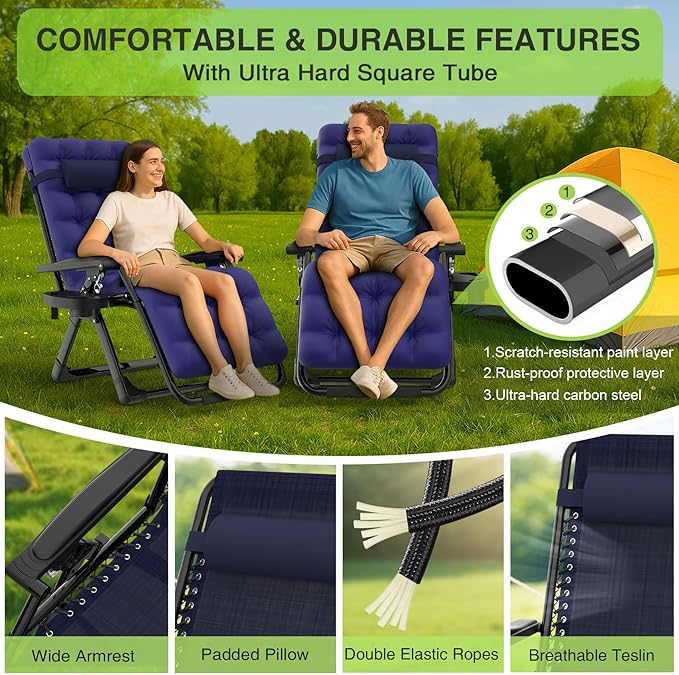 Suteck Zero Gravity Chair Set of 2, Reclining Camping Lounge Chair w/Removable Cushion, Upgraded Lock and Cup Holder, Reclining Patio Chairs Folding Recliner for Indoor and Outdoor