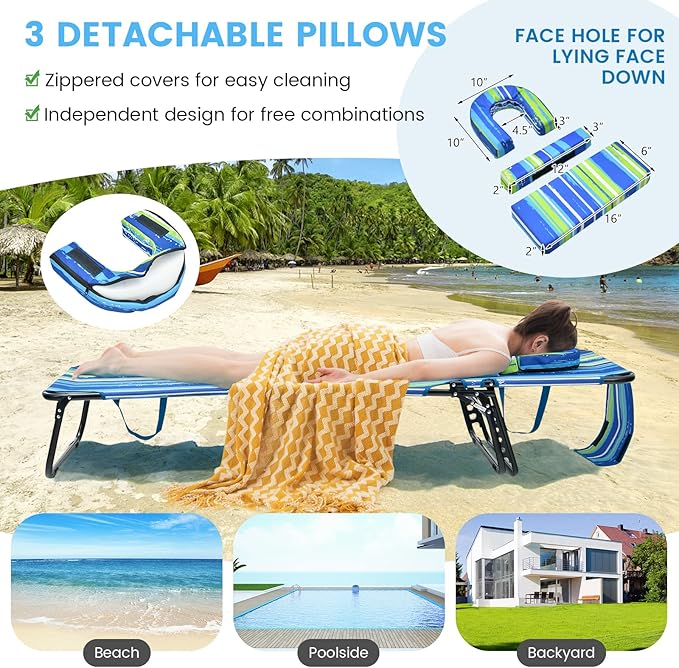 GYMAX Tanning Chair, 350lbs Beach Lounge Chair with Face Hole, Washable Pillow & Carry Strap, Adjustable Folding Chaise Lounge, Layout Lounger for Outside, Patio, Poolside, Lawn (2, Stripe)