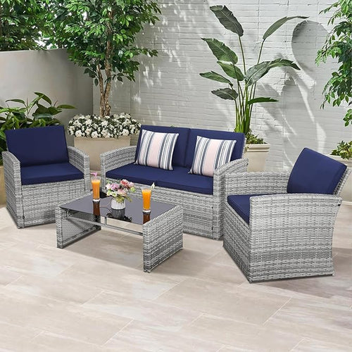 4-Piece Patio Furniture Set, Wicker Outdoor Rattan Sectional Sofa with Cushions and Glass Table, All-Weather Outdoor Conversation Set, Ideal for Garden, Porch, Backyard, Navy