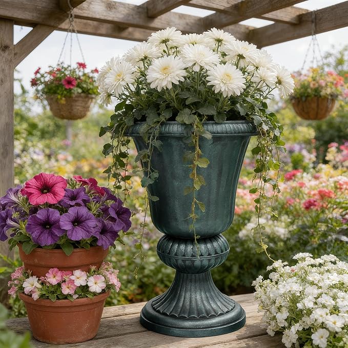 Athena Collection 20''H Bronze Garden Plastic Urn - Vintage Tall Large Planter for Indoor Outdoor Patio Porch, 2 Pieces Flower Pot, Dark Green