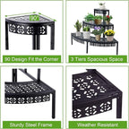 3 Tier Plant Stand Semi-Circular Flower Pot Organizer Rack Quarter Round Plant Display Holder Outdoor Storage Shelves Metal Corner Shelf Planter Shelving Ladder Plant Stand for Indoor Use(Black)