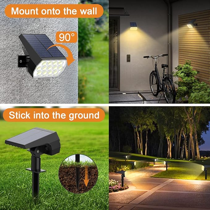 WELALO Solar Spot Lights Outdoor, [2 Pack/65 LED/3 Modes] Solar Landscape Spotlights, Solar Powered Security Lights, IP68 Waterproof Wall Lights for Outsides Walkway Yard Garden Driveway(Warm White)