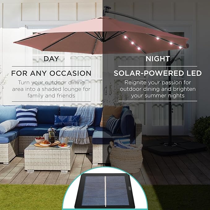 Best Choice Products 10ft Solar LED Offset Cantilever Hanging Market Patio Umbrella, 8 Sturdy Ribs, Easy Adjustment - Rose Quartz