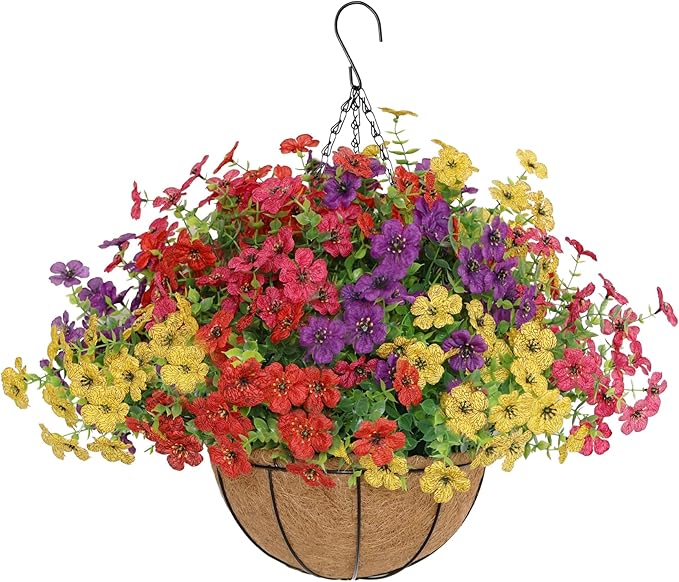 Senjie 12 Bundles Artificial Hanging Flowers with Basket for Outdoor Decor, UV Resistant Faux Flowers Fake Hanging Planter for Porch Patio Balcony
