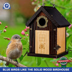 SISTERBIRD Pack of 2 Premium Bluebird Houses for Outside, All Seaons Bird Houses for Outside, Wooden Cabin Birdhouses for Outdoors, Weatherproof Courtyard Decorated Hanging Bird House