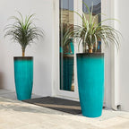 Glitzhome 30" H Tall Outdoor Planter, Set of 2 Large Tall Planters with Gradient Turquoise Faux Ceramic Finish, Plastic Large Flower Pots for Porch Garden Indoor All Season Decor,with Drainage Holes
