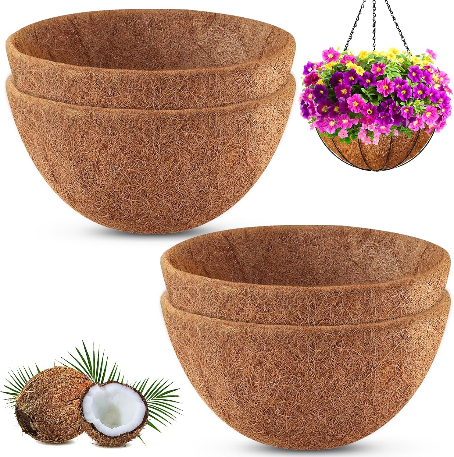 REMIAWY Hanging Baskets Coco Liners, 4 Pack 14 Inch Natural Coconut Fiber Liner Replacement for Planters, Round Hanging Basket Inserts for Flowers Vegetables Herbs, Garden Pots Indoor Outdoor