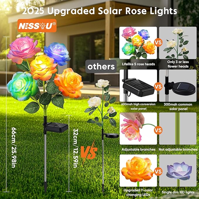 Solar Rose Lights Outdoor: 4 Pack IP65 Waterproof 7-Color Changing LED Flower Stakes for Garden Pathway Patio Lawn Decorative - Auto On Off 10H+ Lighting