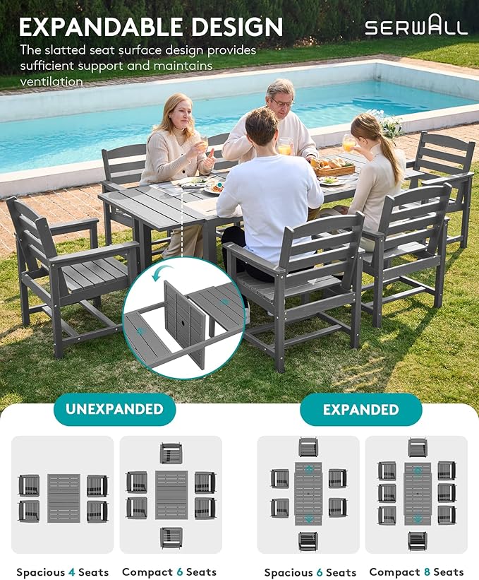 SERWALL 7-Piece Patio Dining Sets, 60" - 83" Expandable Outdoor Dining Table and 6 HDPE Chairs, All Weather HDPE Outdoor Furniture Set for Backyard, Garden, Grey