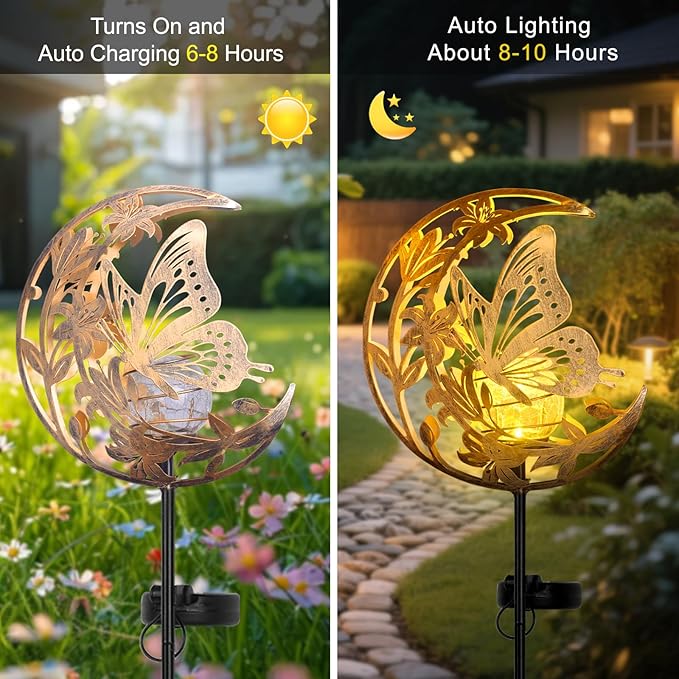 ShangTianFeng Butterfly Lights Outdoor Decor - Moon & Bird SolaGardenLights Waterproof, Auto On/Off Pathway Lighting for Yard/Lawn/Patio, Handcrafted Metal Solar-Stake-Lights for Outside Decorations
