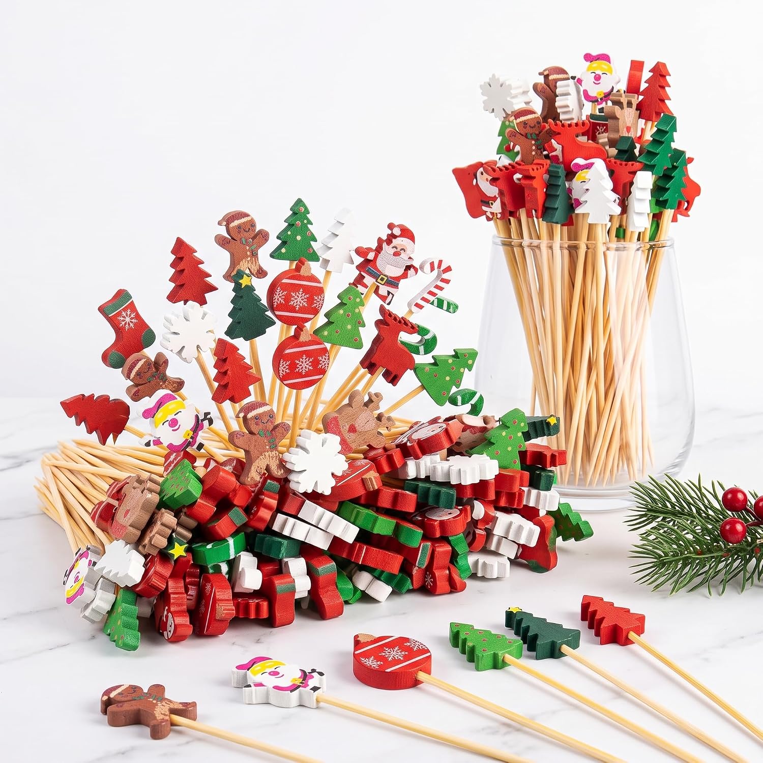 300 Pack Christmas Cocktail Picks Party Supplies, 15 Kinds of Toothpicks for Appetizers, 5.1 Inch Natural Bamboo Tree Cocktail Picks Charcuterie Drink Stirrers Skewers Holiday Decorations Decor