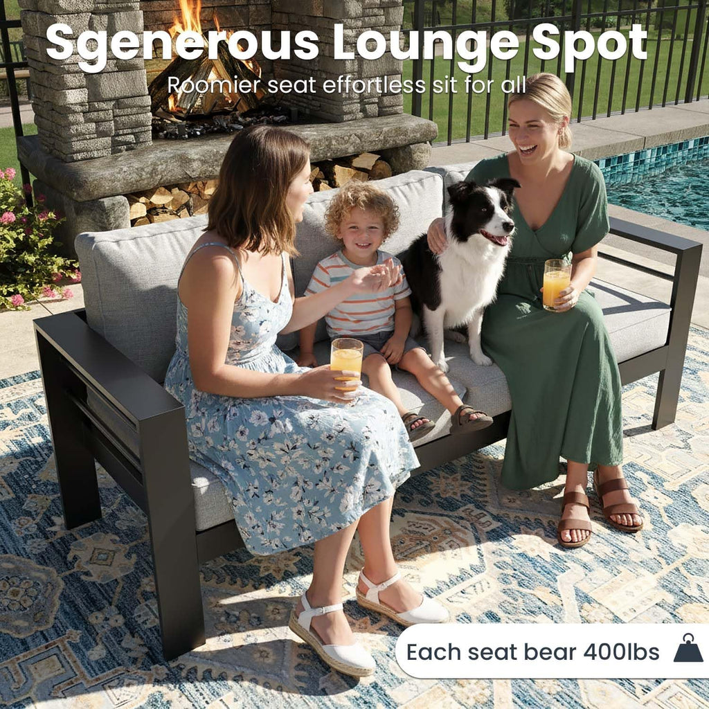 5 pieces modern aluminum patio furniture set, outdoor showing dimensions