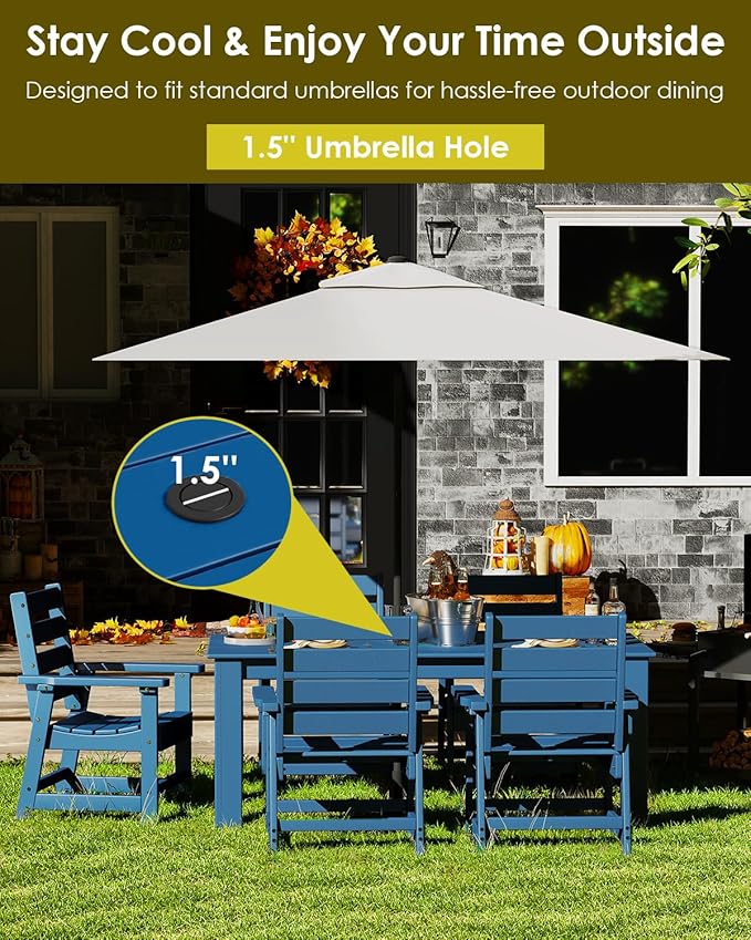 GREENVINES 5-Piece Outdoor Dining Set | HDPE | Patio Table and Chairs Sets for 4 | Patio Furniture | All Weather | Umbrella Hole | Blue| for Backyard Poolside Garden
