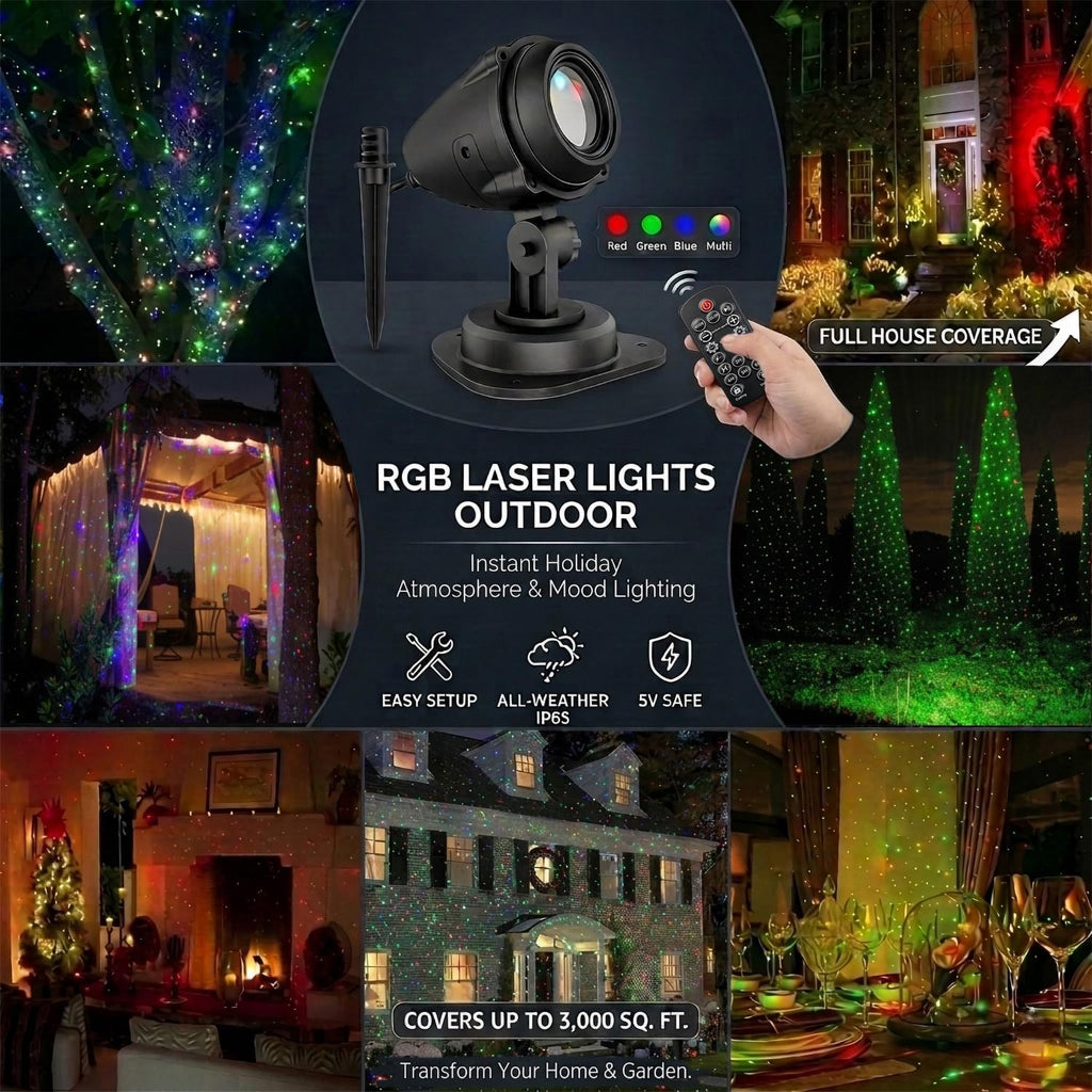 Laser Christmas Projector Lights Outdoor, Aluminum Alloy 3-Color Star Projector, Waterproof with Remote & Timer for Holiday Party, Yard Patio Xmas Decor (RGB)