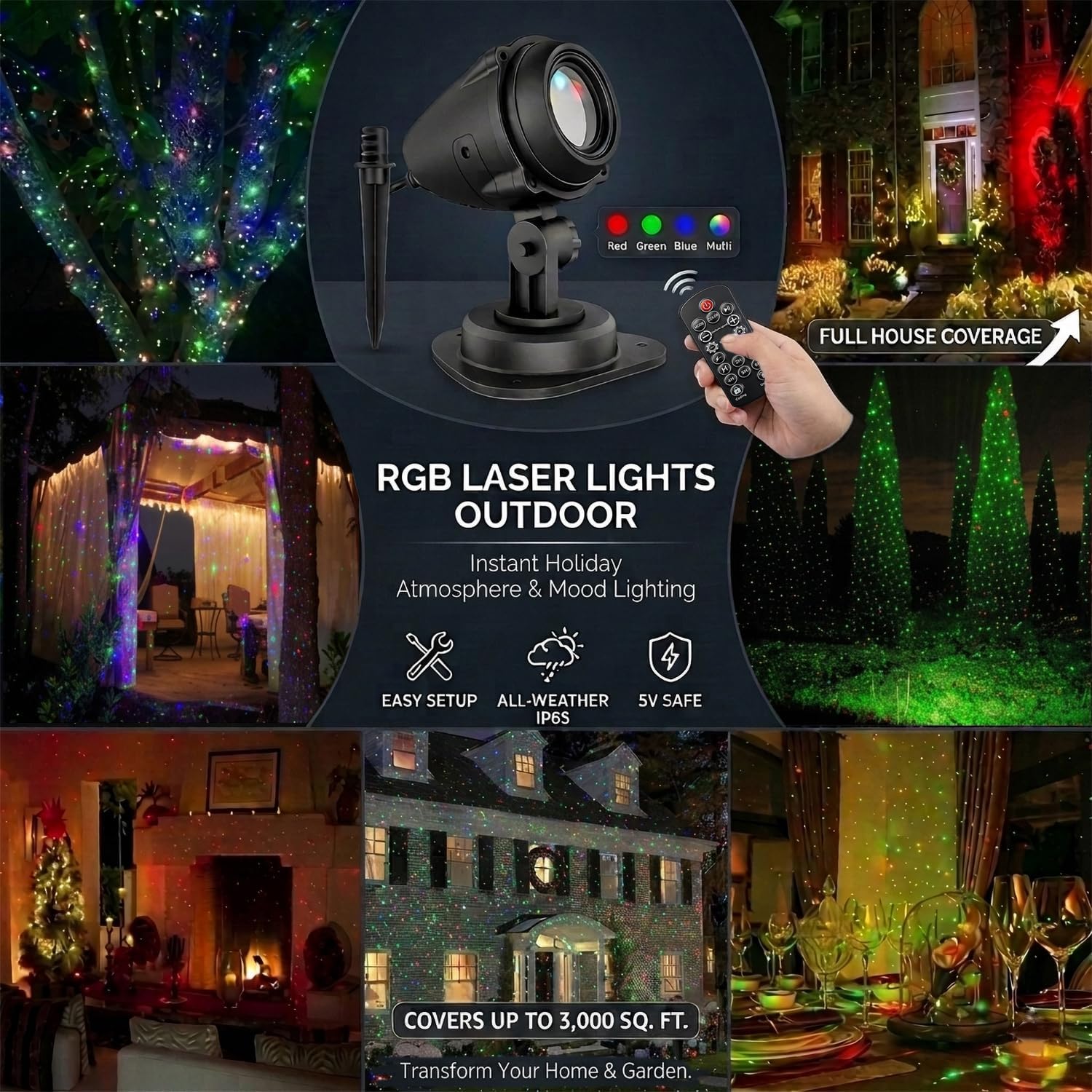 Laser Christmas Projector Lights Outdoor, Aluminum Alloy 3-Color Star Projector, Waterproof with Remote & Timer for Holiday Party, Yard Patio Xmas Decor (RGB)