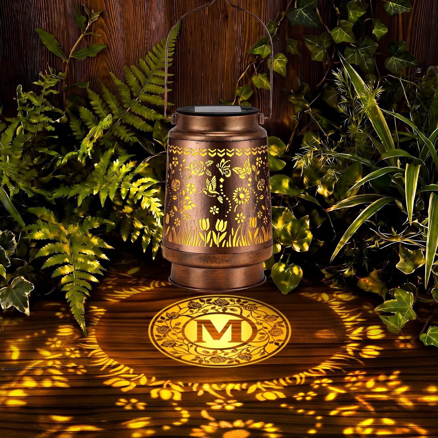 Glooglitter Letter M Solar Lanterns Outdoor Monogram Initial Hanging Light | Hummingbird Shadow Projector Light Waterproof Metal LED Lantern for Patio Yard Porch Personalized Gift for Women Mom Grandma