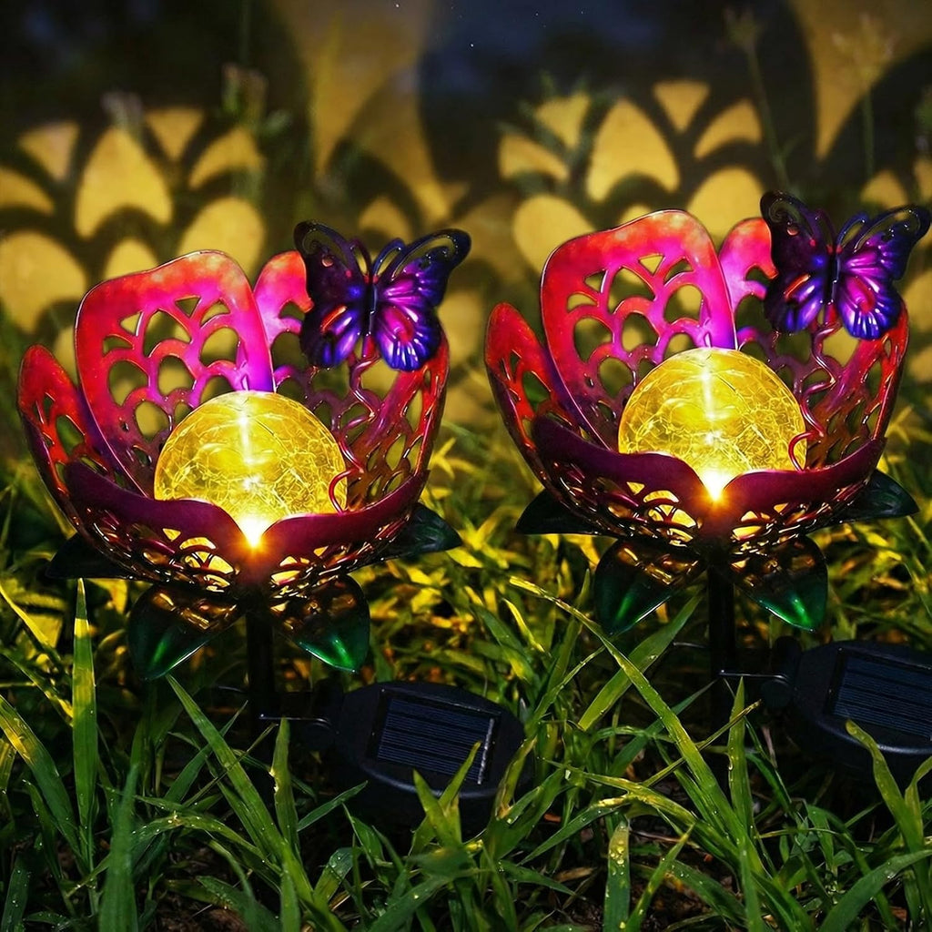 Solar Path Light, 2 Pack Crackle Glass Globe LED Lights, Metal Butterfly Decorations Lights, Hollow Petal Tulip Stake Light for Patio Yard Walkway Ground Lawn Ornaments Gifts (Purple Flower - 2pcs)