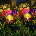 Solar Path Light, 2 Pack Crackle Glass Globe LED Lights, Metal Butterfly Decorations Lights, Hollow Petal Tulip Stake Light for Patio Yard Walkway Ground Lawn Ornaments Gifts (Purple Flower - 2pcs)