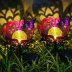 Solar Path Light, 2 Pack Crackle Glass Globe LED Lights, Metal Butterfly Decorations Lights, Hollow Petal Tulip Stake Light for Patio Yard Walkway Ground Lawn Ornaments Gifts (Purple Flower - 2pcs)