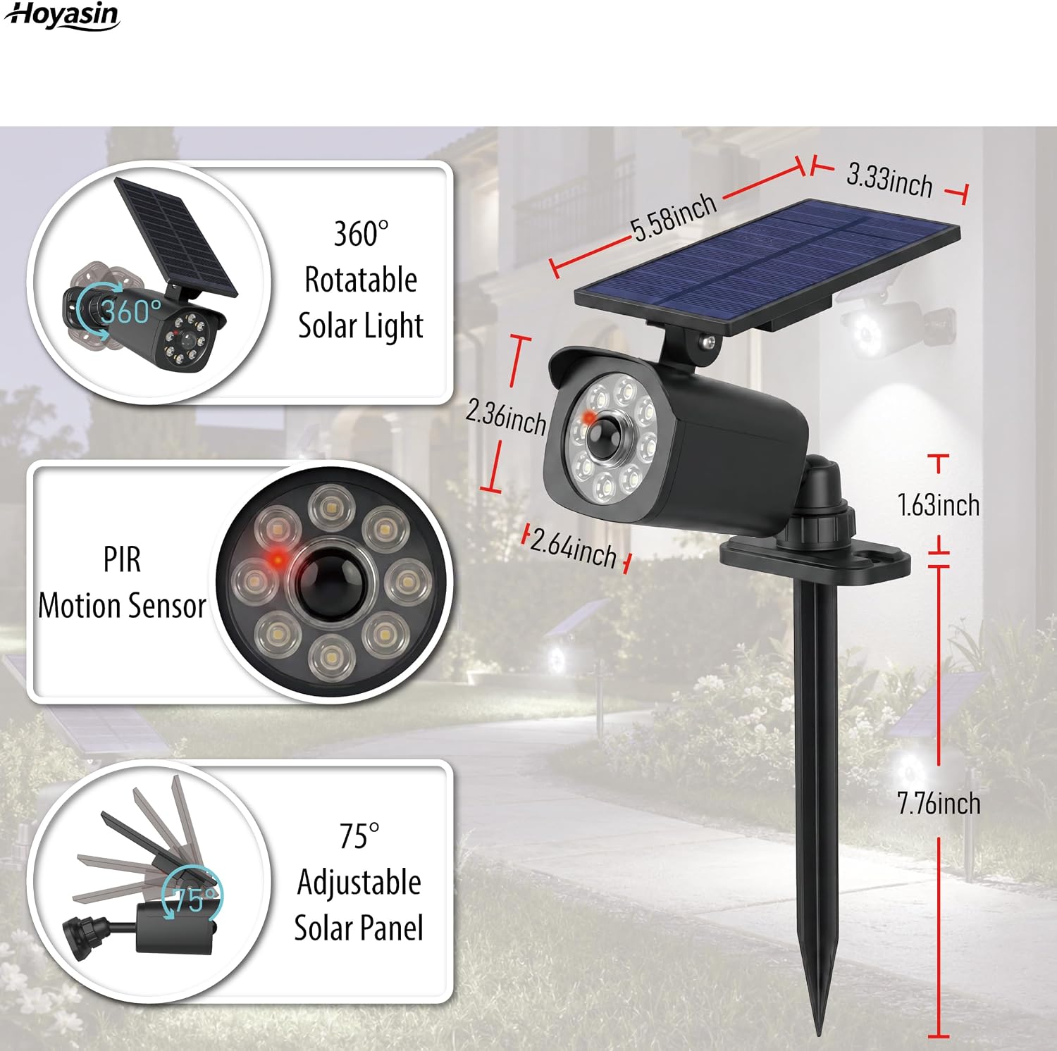 Solar Motion Light Outdoor, Solar Spotlight with Motion Sensor | IP67 Waterproof Solar Security Light, 360° Rotatable, Wall Mount or Ground Stake for Yard, Garden, Driveway (1 Pack, 1300LM)