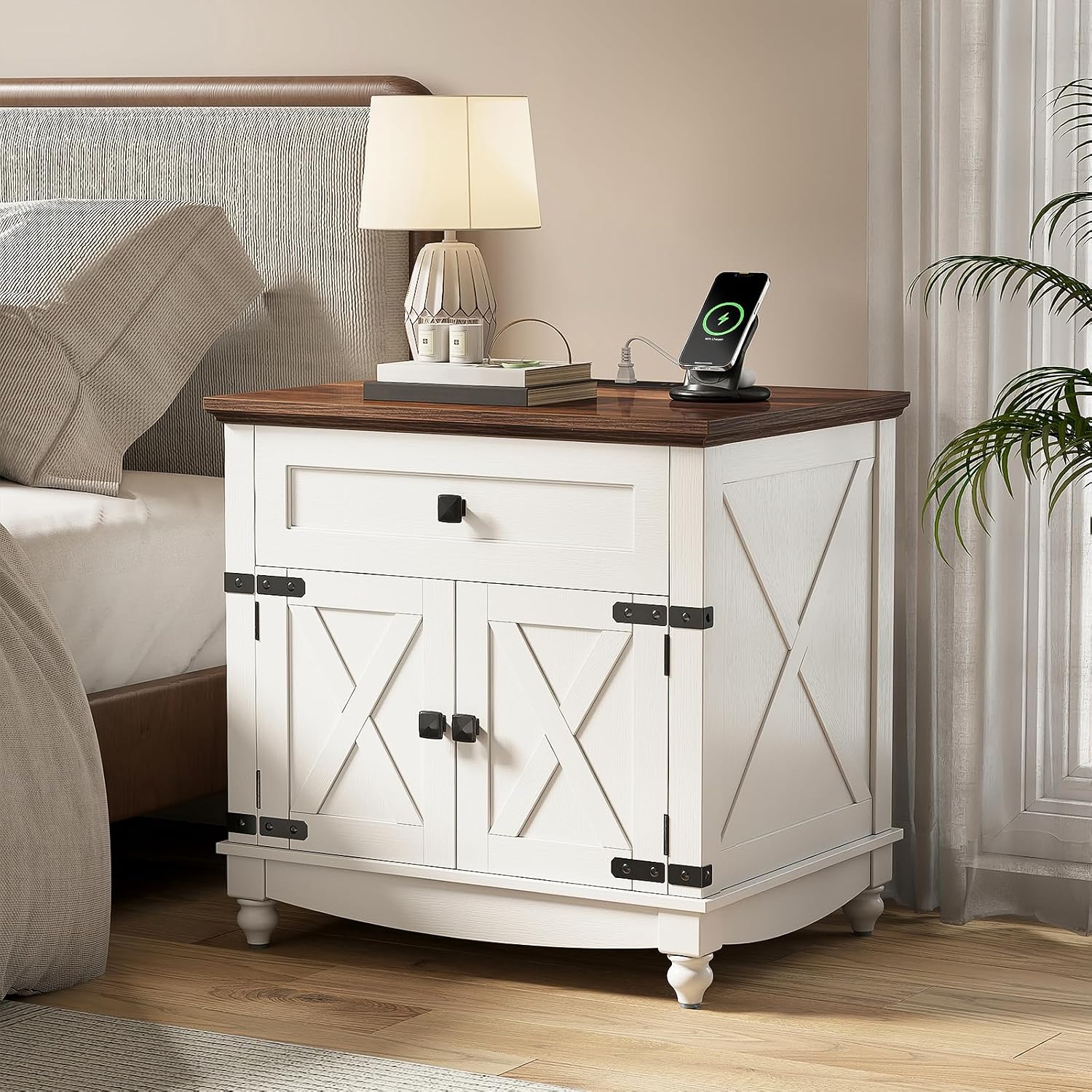 Farmhouse End Table with Charging Station, 24inch White Nightstand with Door and Storage Cabinet, Bedside End Table with Adjustable Shelf, Wood Bedside Table, Night Stand for Living Room and Bedroom