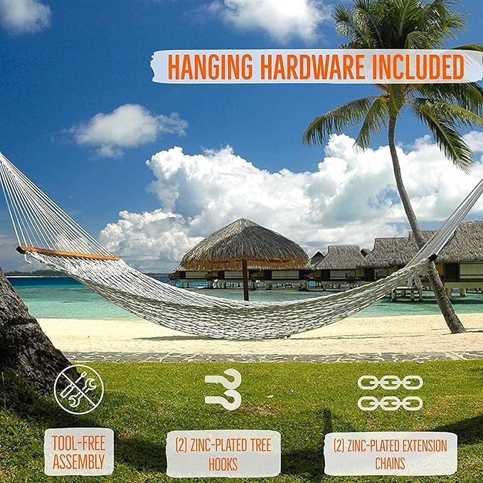 Castaway Living 13 ft. Double Traditional Hand Woven Navy Polyester Rope Hammock – 2-Person, 450 lb Capacity, Free Extension Chains & Tree Hooks, Designed in The USA