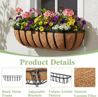 24 Inch Railing Planter Window Box Deck Balcony Rail Planter with Coco Liner Metal Wall-Mounted Coconut Liner Planter Basket English Horse Trough Planters for Outdoor Balcony Porch Fence (2 Pack)