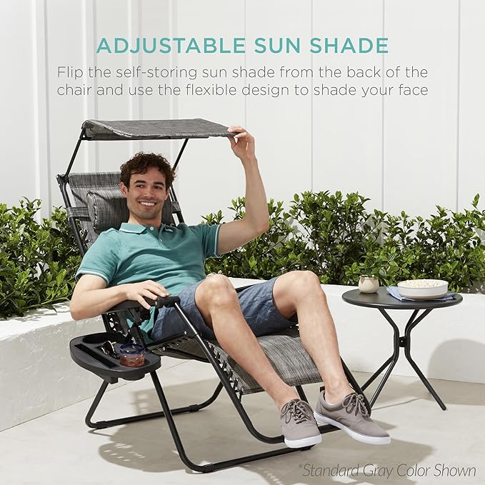 Best Choice Products 30” Wide Folding Zero Gravity Outdoor Recliner Patio Lounge Chair w/Adjustable Canopy Shade, Headrest, Side Accessory Tray - Carnation