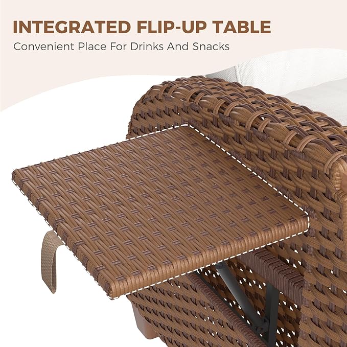 Grand patio Outdoor Recliner Air Pump 150° Lay Flat Reclining Chair with Independent Adjustable Back and Footrest Removable Olefin Cushion Flip-Up Table Wicker Creamy White 2PCS