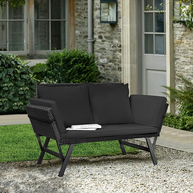 Greesum Outdoor Sofa, Woven Rattan Patio Furniture, Convertible Daybed or Double Chair with Adjustable Armrests, Cushions and Pillows for Yard, Porch, Pool, Black Lounger & Black Pillowcase