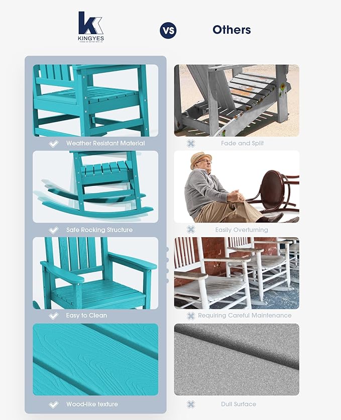 KINGYES HDPE Outdoor Rocking Chair Set of 4, All-Weather Poly Patio Rocking Chairs with 330lbs Support for Adults, Aruba Blue
