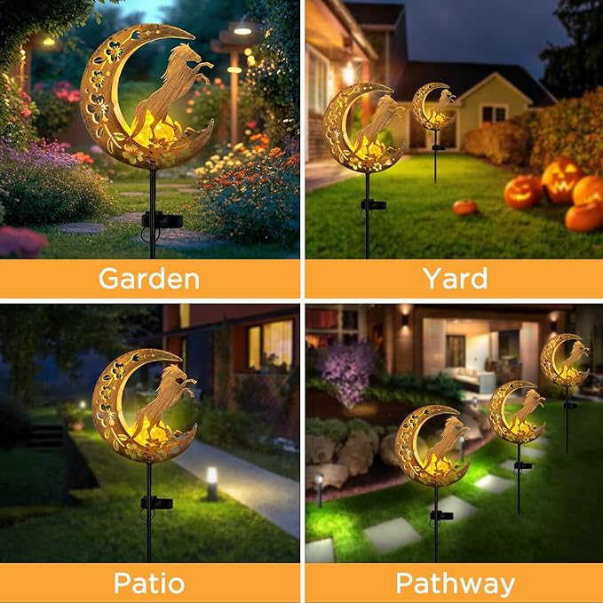 Solar Lights Outdoor Waterproof - Moon & Horse Landscape Lighting, Weatherproof SolarGarden Stakes with 8-10H Auto On/Off, Decorative Pathway Markers for Driveway/Walkway/Equestrian Farms