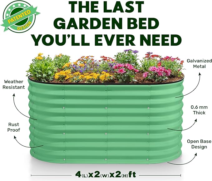 Plant & Plot Galvanized Raised Garden Beds Outdoor // 4×2×2 ft Planter Raised Beds for Gardening, Vegetables, Flowers // Large Metal Garden Box (Light Green) // Patented Tool-Free Design