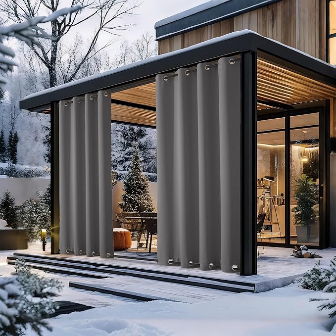 NICETOWN 2 Panels Outdoor Curtains Waterproof Extra Long 108 for Patio, Windproof Energy Thermal Insulated Saving Rustproof Top and Bottom Grommet Blackout Outdoor Drapes for Porch, Grey