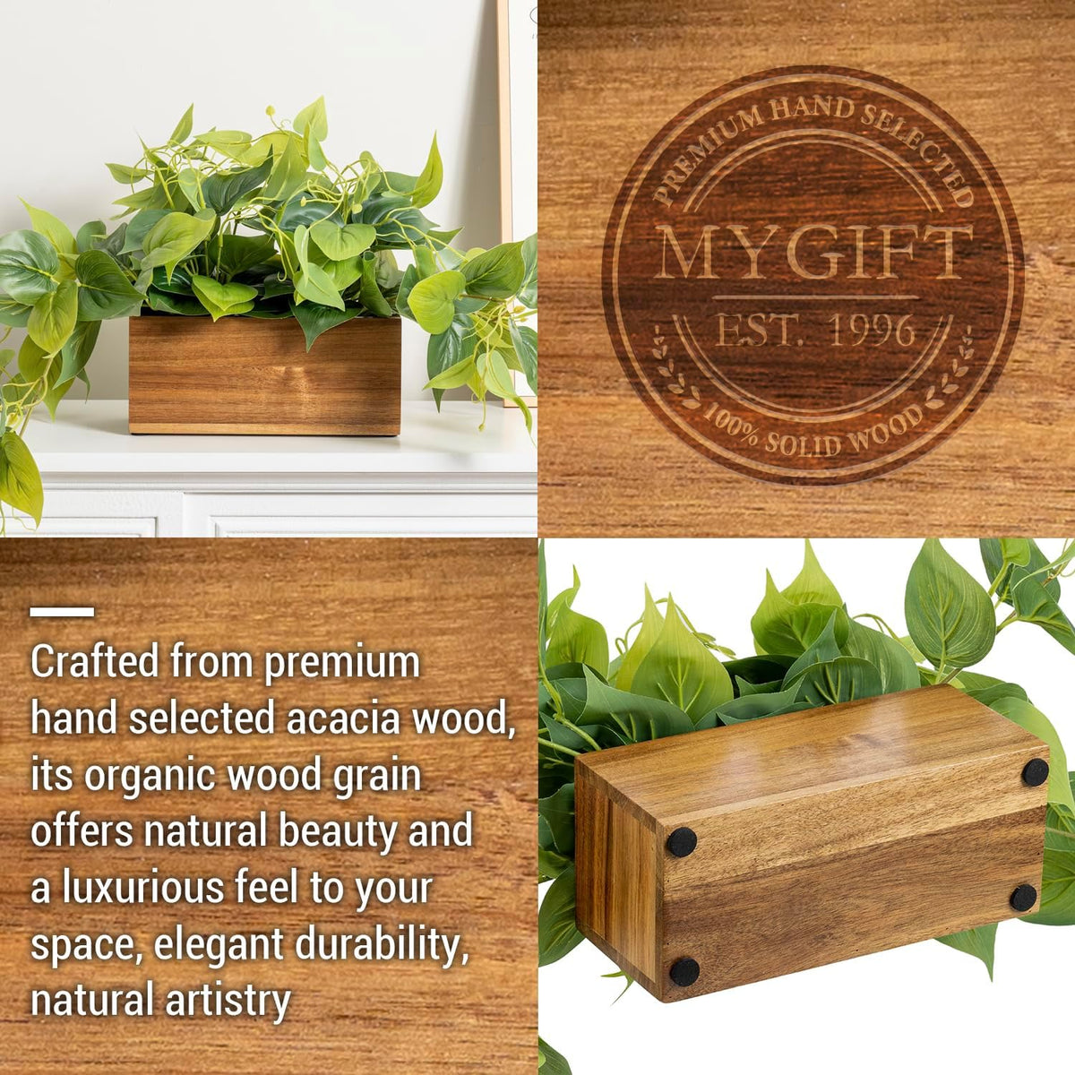 mygift artificial pothos plant, acacia wood planter box, package contents