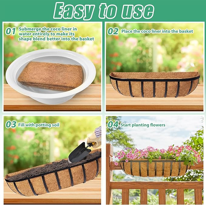 Y&M 24" Coco Liner for Window Box Deck Basket Planter Trough Coconut Fiber Liners, 2pcs Trough Coco Liner Pre-Formed Replacement