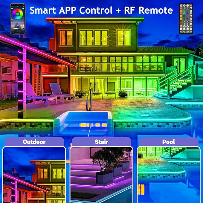 Outdoor LED Strip Lights Waterproof,IP68 Outside Led Light Strips Waterproof with Bluetooth App Remote Control,Music Sync RGB Exterior Led Rope Lights,for Balcony,Deck,Roof,Garden,Pool (300FT Outdoor)