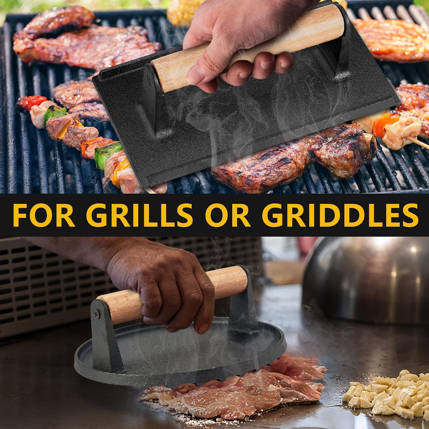 Leonyo 2Pcs Heavy Duty Smash Burger Press, Round Cast Iron Grill Bacon Press for Griddle Flat Top Grill, Rectangular Hamburger Smasher for Griddle, Steak, Sandwich