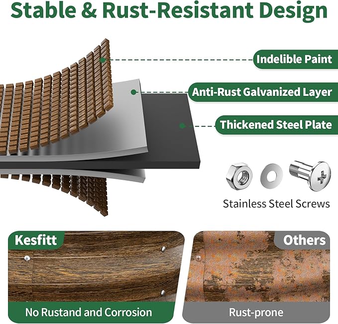 Kesfitt Round Metal Raised Garden Bed, 2x2x1 FT, 12-Inch Deep Galvanized Steel Garden Bed with Open Bottom for Vegetables & Herbs, Walnut Finish, 3 Pack