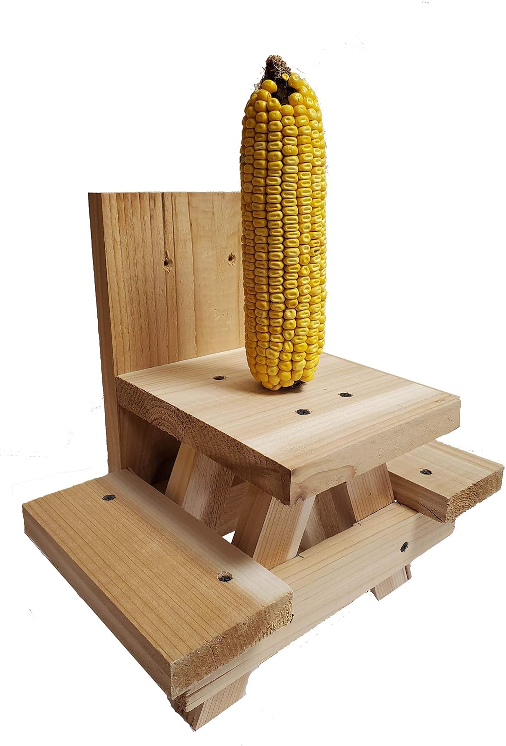 Picnic Table Squirrel Feeder – Wooden Outdoor Corn Cob Holder for Squirrels, Backyard Wildlife Feeding Accessory