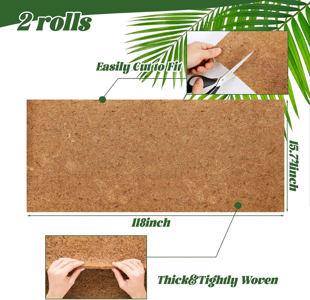2 Rolls Coconut Fiber Liners for Planters 16x118 Natural Coco Coir Roll | Coco Fiber Pad for Hanging Flower Planters Baskets DIY Moss Pole Garden Decoration, Animal pet pad, Reptile Carpet, Snow Mat