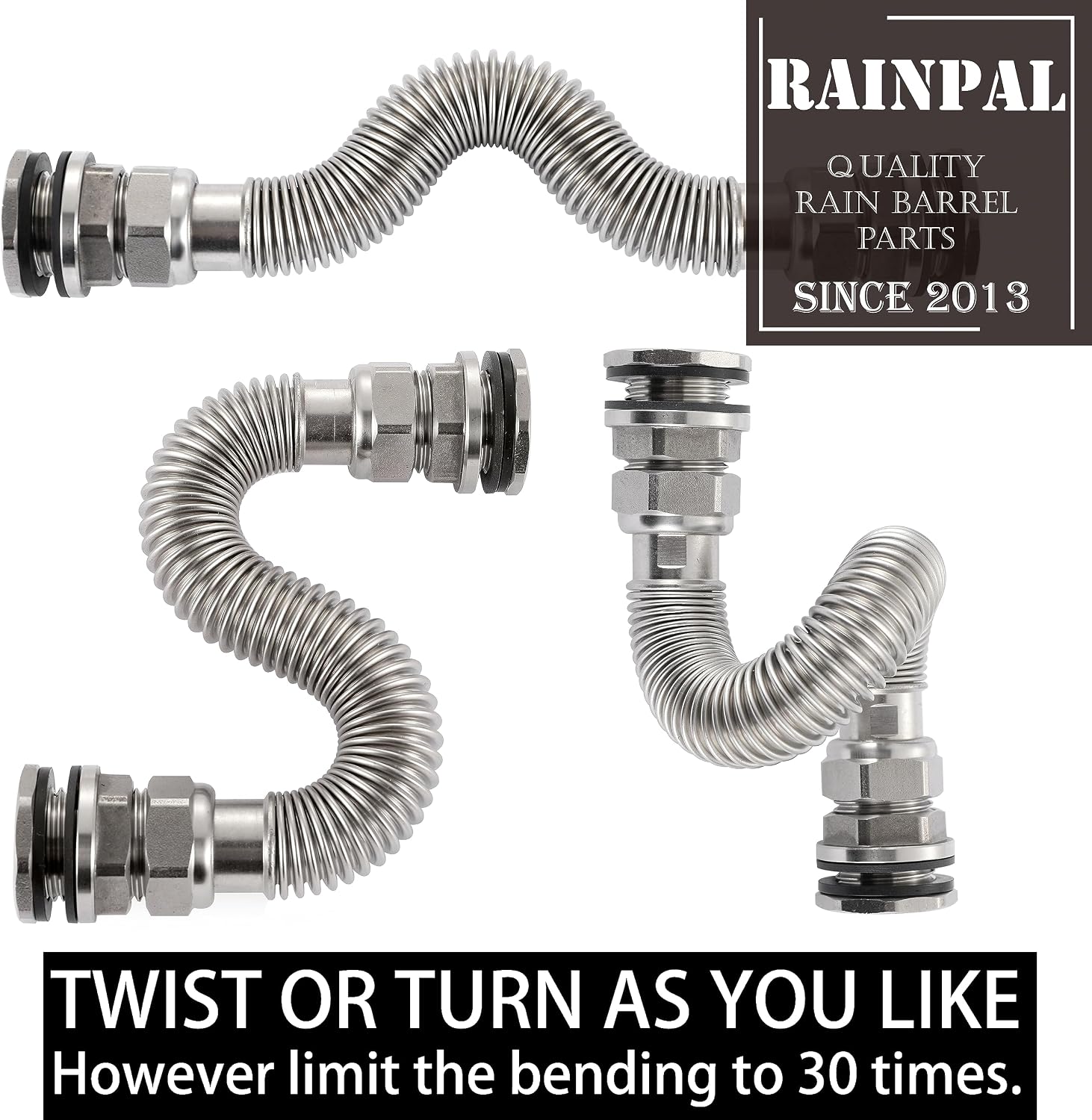 RBLSS5 Heavy Duty Stainless Steel Rain Barrel Linking Kit (Two SS304 Bulkhead Fittings and One 5” SS304 Corrugated Hose Expandable to 7.5”) (1)