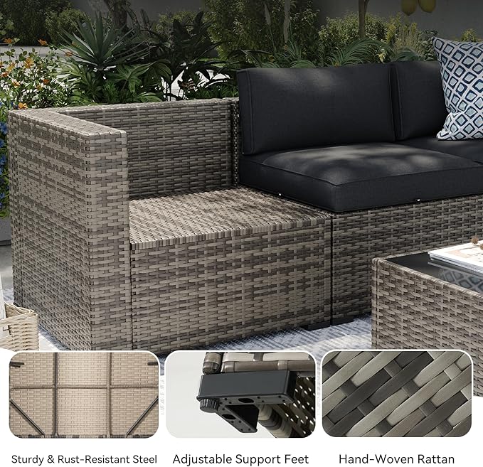Aoxun Patio Furniture Sets, 15-Piece Outdoor Patio Furniture with 44'' Propane Gas Firepit Table, Wicker Outdoor Conversation Set Sectional Sofa for Backyard, Poolside, Garden