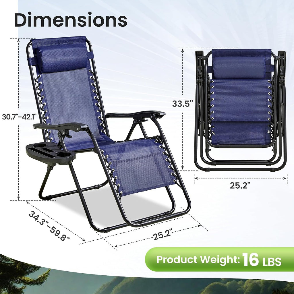 2-Pack Zero Gravity Lounge Chair Recliners - Adjustable Steel Frame with Removable Headrests & Cup/Phone/Tablet Trays - 330LBS Capacity - Navy Blue