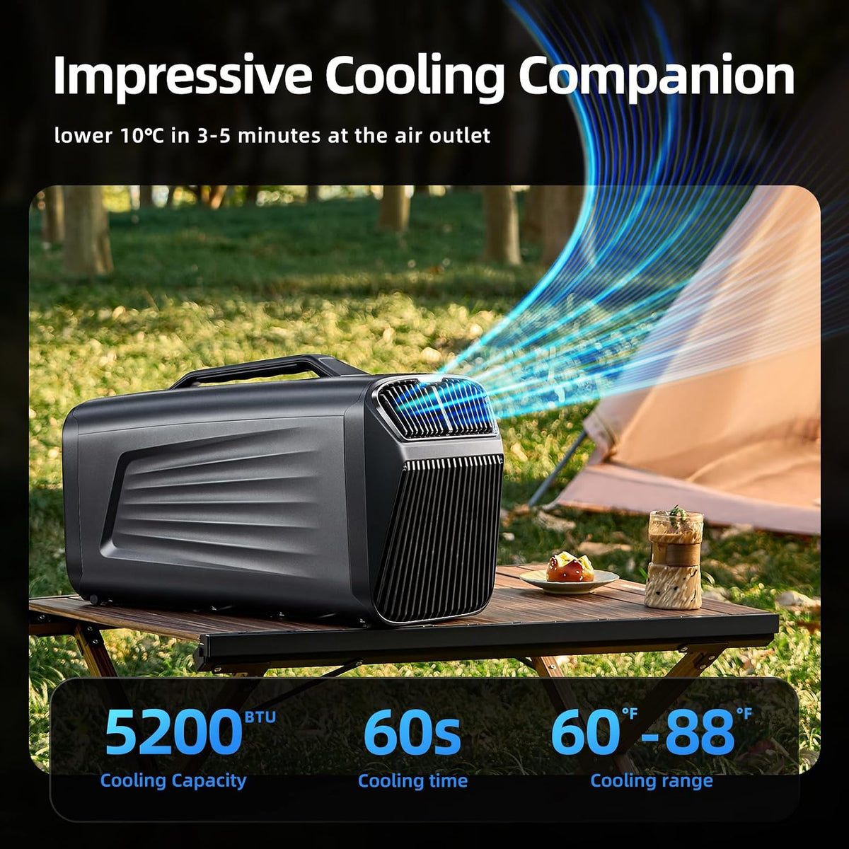 outohome portable camping air conditioner, 5200 btu tent shown in use
