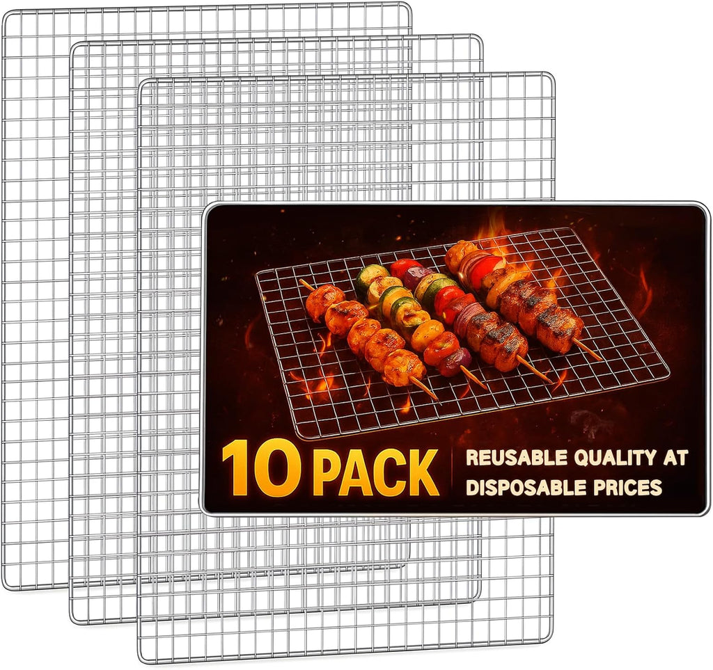 Grill Topper, 10 Pcs Disposable Grill Grates, 11.8 x 15.7 Inch Baking Rack | Toss after one cook, no scrub brush, fine grid holds small bites, galvanized iron mesh fits charcoal, gas, smoker grates