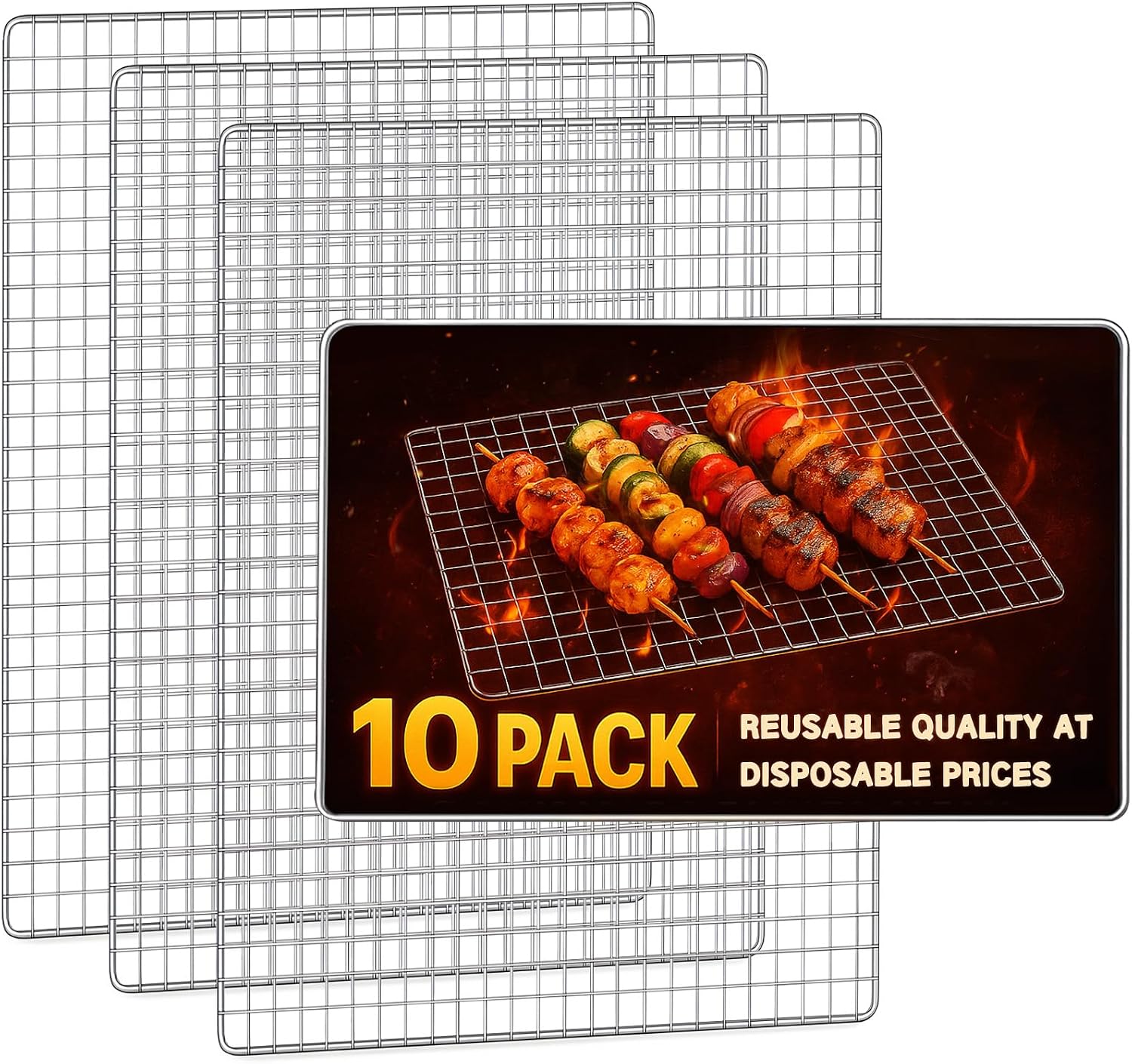 Grill Topper, 10 Pcs Disposable Grill Grates, 11.8 x 15.7 Inch Baking Rack | Toss after one cook, no scrub brush, fine grid holds small bites, galvanized iron mesh fits charcoal, gas, smoker grates