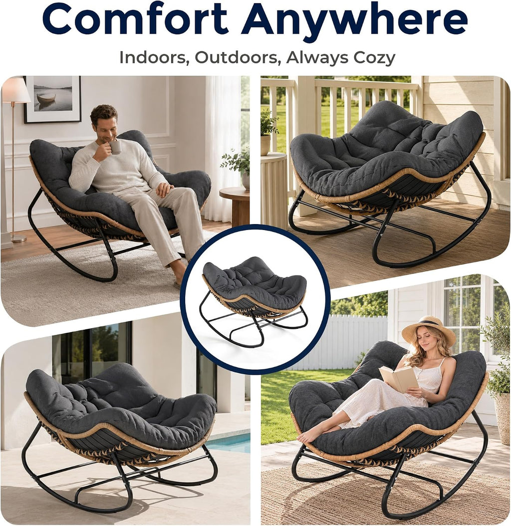 Papasan Rocking Chair, Outdoor Wicker Egg Rocker with Cushion, Grey | Comfy Oversized Reading Chair, Cozy 30°-Rock Bed with 6" Cushion, Steel Frame 450LBS Capacity for Patio Porch Lawn