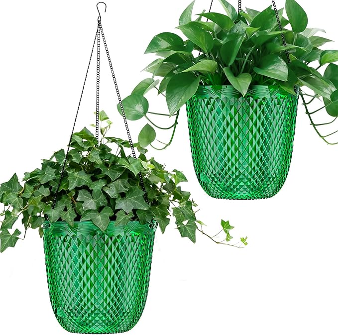 QCQHDU Self Watering Hanging Pots, 2 Pack 5.7 Inch Hanging Planters for Plants Indoor, Outdoor Flower Pots with Drainage Holes and 3 Hooks Chains for Garden Home (Emerald)